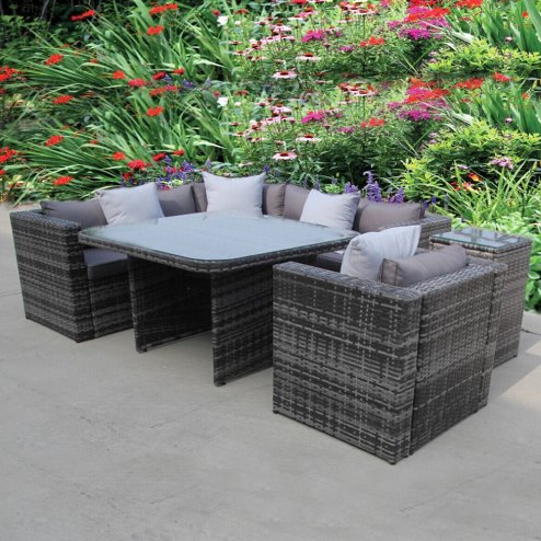 RATTAN DINING GARDEN WICKER OUTDOOR CONSERVATORY CORNER SOFA FURNITURE SET CUBE GREY