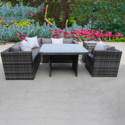 RATTAN DINING GARDEN WICKER OUTDOOR CONSERVATORY CORNER SOFA FURNITURE SET CUBE GREY