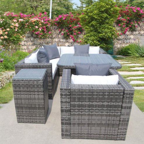  RATTAN DINING GARDEN WICKER OUTDOOR CONSERVATORY CORNER SOFA FURNITURE SET CUBE GREY