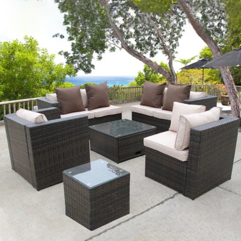 BROWN RATTAN WICKER CONSERVATORY OUTDOOR GARDEN FURNITURE SET CORNER SOFA TABLE