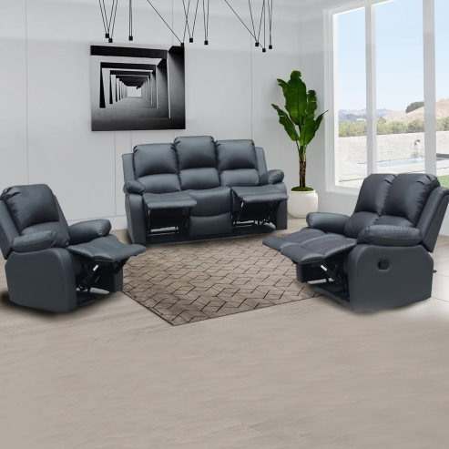 RECLINER GREY SOFA SET SUITES SETTEE GREY LEATHER 1 2 3 SEATER ARMCHAIR FAUX LEATHER (Grey 3-2-1 sofa set)