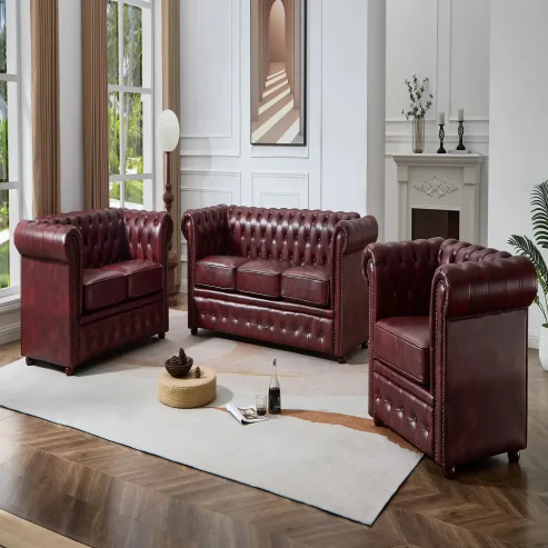 CHESTERFIELD OX RED FAUX LEATHER SOFA SET SUITES SETTEE TWIN TWO SEATER 2 SOFA SEATER ARMCHAIR BROWN