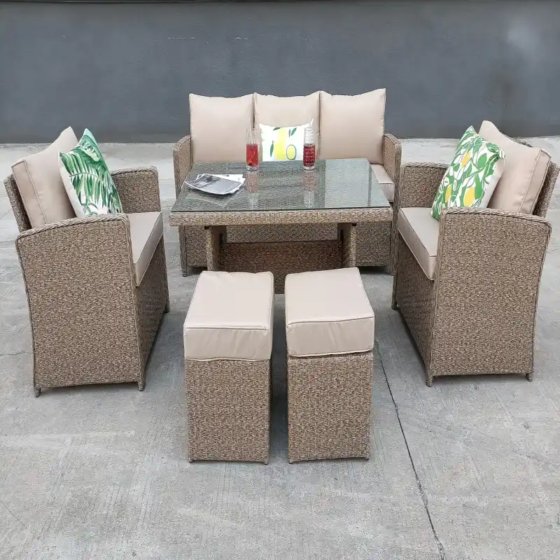 RATTAN WICKER CONSERVATORY OUTDOOR GARDEN FURNITURE DINING SET CORNER SOFA TABLE BEIGE NAURTUAL GREY