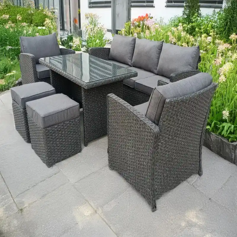 RATTAN WICKER CONSERVATORY OUTDOOR GARDEN FURNITURE DINING SET CORNER SOFA TABLE GREY