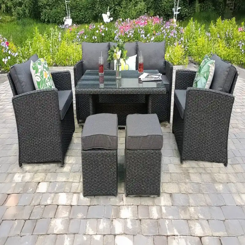 RATTAN WICKER CONSERVATORY OUTDOOR GARDEN FURNITURE DINING SET CORNER SOFA TABLE GREY