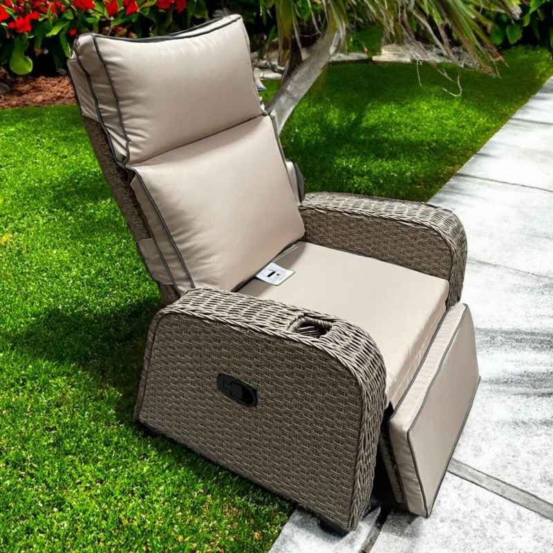 RATTAN RECLINER CHAIR SEAT WICKER GARDEN OUTDOOR SUN LOUNGER FURNITURE PATIO GREY