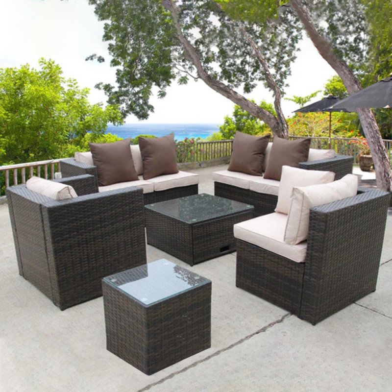 BROWN RATTAN WICKER CONSERVATORY OUTDOOR GARDEN FURNITURE SET CORNER SOFA TABLE