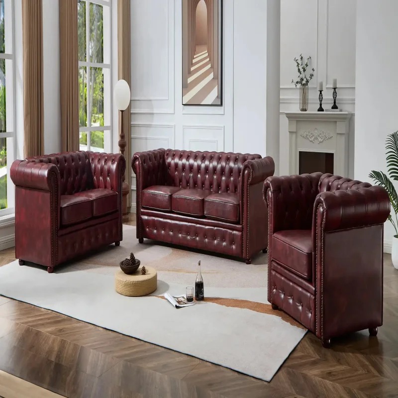 CHESTERFIELD OX RED FAUX LEATHER SOFA SET SUITES SETTEE 3 THREE SEATER ARMCHAIR BROWN