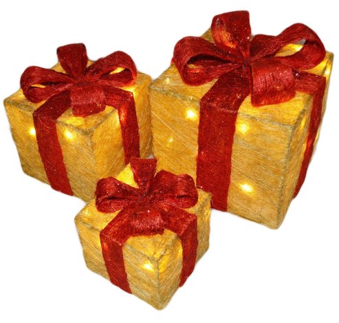 Sisal Gift Boxes with Pre-Lit Warm White lights and Ribbon in Gold/Red