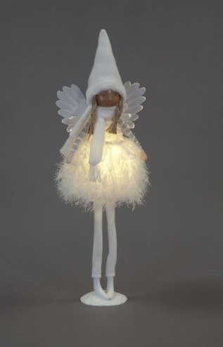 Christmas Tall Pre-lit Standing White Angel with Bobble Hat & Scarf - 55cm height