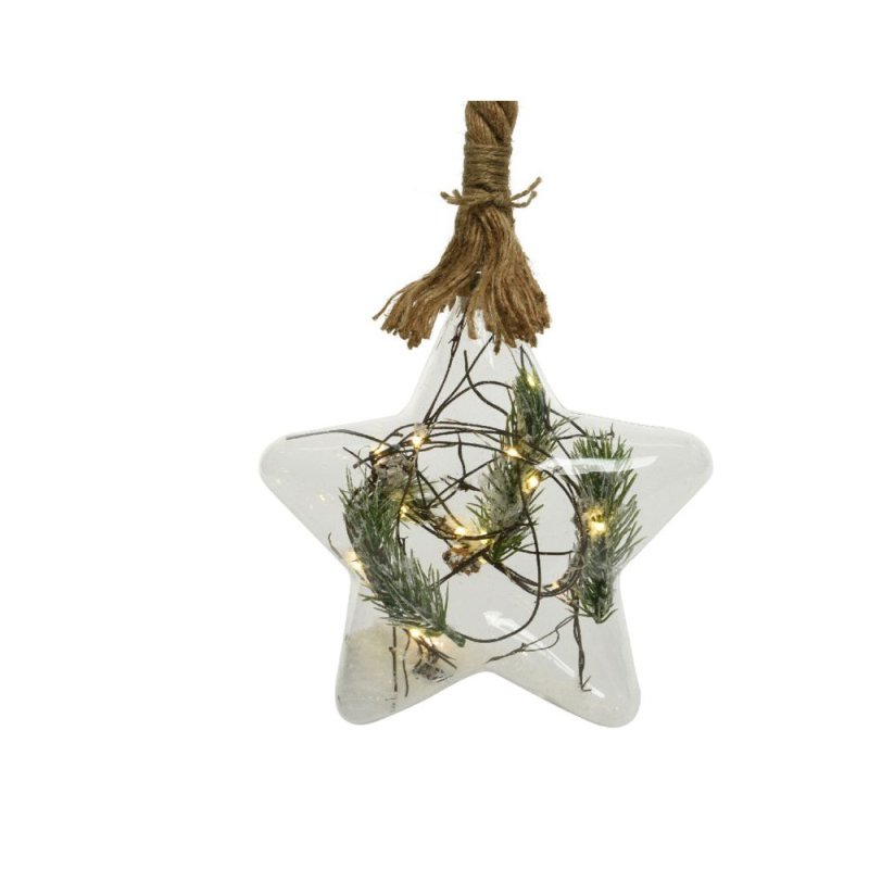 Christmas Pre-lit Star Shape Glass Bauble with snowy Pine decor and Jute Rope (Battery power Warm White LED)