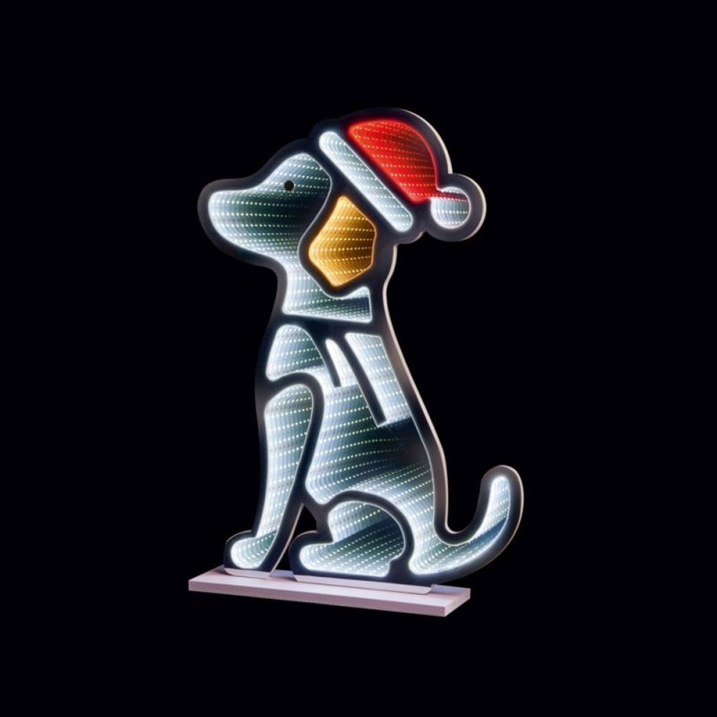 Christmas Sitting Dog With Hat Infinity Mirror 60cm - Multicoloured 3D Double Sided LED Light Effect
