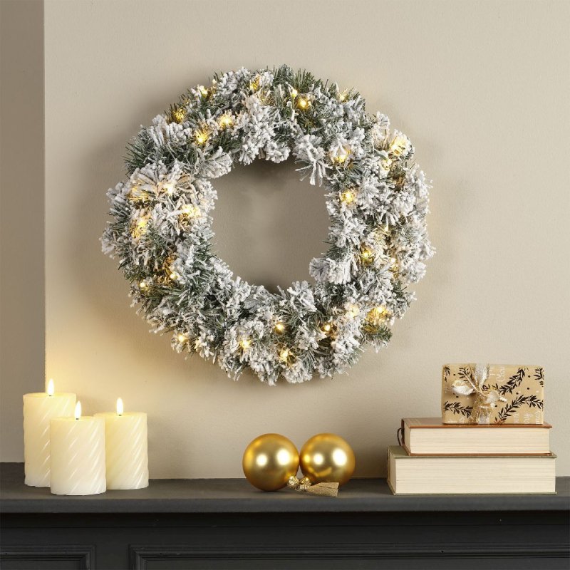 Christmas 50cm Imperial Snowy Green Wreath With Warm White LEDs