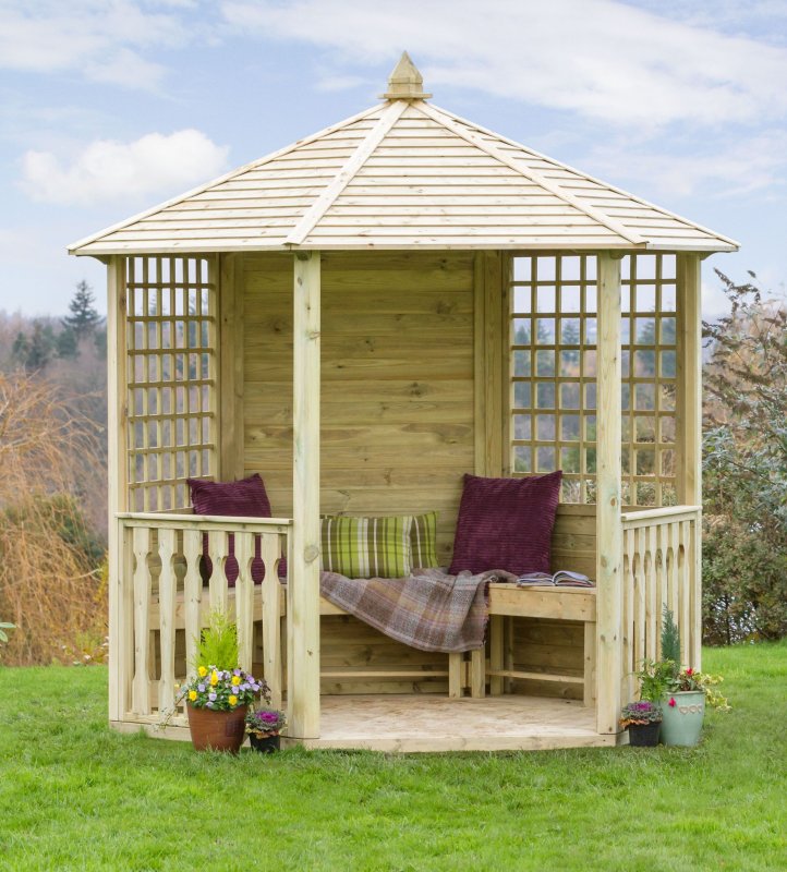Hexagonal Garden Gazebo Shelter in Pressure Treated Solid Wood - Square Trellis Side