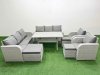 Fimous PE Rattan High Back Lounge Sofa Set Patio Rectangular Dining Table & Chairs Set with 3 Seater Sofa Reclining Chair 3 Stools Light Grey