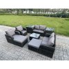 Fimous Garden Furniture Set Rattan Outdoor Lounge Sofa Chair With Tempered Glass Table 2 Big Footstool 2 Side Tables Dark Grey Mixed