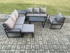 Fimous Aluminium 8 Seater Garden Furniture Outdoor Patio Sofa Set with Rectangular Coffee Table Armchair Big Footstool Side Table Dark Grey
