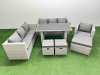 Fimous Patio Garden Furniture Sets with Black Glass Top Dining Table 3 Seater Sofa Armchair 3 Stool Light Grey
