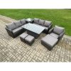 Fimous PE Rattan Outdoor Garden Furniture Sets Height Adjustable Rising lifting Dining Table Sofa Set with Side Table Reclining Chair 3 Footstools Dark Grey Mixed