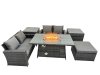 Fimous Outdoor Love Sofa Set 5 Seat Rattan Garden Furniture Set with Gas Firpit Dining Table Big Footstool 2 Side Table Dark Grey Mixed