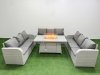 Fimous PE Rattan Lounge Sofa Set 9 Seater Outdoor Garden Furniture Set with Firepit Dining Table 3 Seater Sofa Light Grey