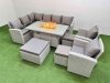 Fimous Rattan Corner Sofa Chair Set Outdoor Furniture Garden Dining Sets Gas Fire Pit Table with Temper Glass 3 Footstools Light Grey Mixed