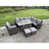 Fimous High Back Rattan Garden Furniture Sets Gas Fire Pit Dining Table Gas Heater Set Corner Sofa Small Footstools Chair 9 Seater