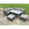 Fimous Patio Rattan Garden Furniture Set with Oblong Rectangular Dining Table 2 Big Footstool Side Table 7 Seater Outdoor Lounge Sofa Set Dark Grey Mixed