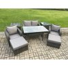 Fimous Rattan Outdoor Garden Furniture Set Rectangular Dining Table and Chair Sofa Set With 2 Side Tables 2 Big Footstool Dark Grey Mixed