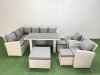 Fimous 11 Seater Wicker Rattan Corner Sofa Sets Outdoor Garden Furniture Sets with Rectangular Dining Table Lounge Sofa 3 Footstools Light Grey