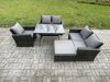 Fimous 6 Seater Wicker PE Rattan Garden Dining Set Outdoor Furniture Sofa with Rectangular Dining Table Double Seat Sofa Big Footstool Dark Grey Mixed