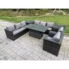 Fimous Wicker PE Garden Furniture Rattan Sofa Set Outdoor Adjustable Rising Lifting Dining Table Set with 2 Armchairs 2 Side Tables Dark Grey Mixed