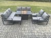 Fimous Aluminium Outdoor Garden Furniture Set Patio Lounge Sofa Gas Fire Pit Dining Table Set with 3 Footstools Dark Grey