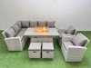 Fimous Rattan Corner Sofa Chair Set Outdoor Furniture Garden Dining Sets Gas Fire Pit Table with Temper Glass 2 Footstools Light Grey Mixed