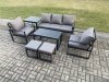 Fimous Aluminium Patio Outdoor Furniture Set 7 Seater Garden Sofa with Oblong Coffee Table 2 Small Footstools 2 Armchairs Side Table Dark Grey