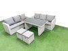 Fimous 8 Seater Rattan Outdoor Dining Table 3 Seater Sofa Set with 2 Small Stools Light Grey