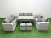Fimous PE Rattan High Back Lounge Sofa Set Patio Rectangular Dining Table & Chairs Set with 3 Seater Sofa Reclining Chair Stools 2 Side Table Light Grey