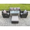 Fimous Rattan Wicker Garden Furniture Patio Conservatory Sofa Set with Rectangular Dining Table Reclining Chair 3 Seater Sofa Big Footstool