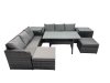 Fimous 8 Seat Outdoor Wicker PE Rattan Garden Furniture Set Dining Table Sofa Set with 2 Big Stools 2 Side Tables Dark Grey Mixed