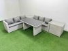 Fimous Rattan Garden Furniture Dining Set 6-seater Patio Rectangular Table Sofa Set with 2 Side Tables Light Grey