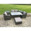 Fimous Outdoor Rattan Garden Furniture Lounge Sofa Set With Oblong Rectangular Dining Table 2 PC Reclining Chair 2 PC Side Table Big Footstool