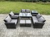 Fimous Rattan Garden Furniture Set 8 Seater Patio Outdoor Lounge Sofa Set with Rectangular Dining Table Love Seat Sofa Side Table 2 Small Footstools Dark Grey Mixed