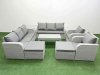 Fimous PE Rattan High Back Lounge Sofa Set Patio Oblong Coffee Table & Chairs Set with 3 Seater Sofa Reclining Chair 2 Big Footstool Side Table Light Grey