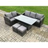 Fimous Outdoor Rattan Garden Furniture Sets Height Adjustable Rising lifting Dining Table Lounge Sofa Set With Love Sofa 2 Small Footstools Dark Grey Mixed