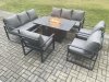Fimous Aluminium Garden Furniture Outdoor Set Patio Lounge Sofa Gas Fire Pit Dining Table Set with 3 Armchair Dark Grey