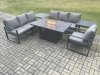 Fimous Aluminium Outdoor Lounge Sofa Garden Furniture Sets Gas Fire Pit Dining Table Set with 2 Side Tables Dark Grey