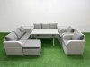 Fimous PE Rattan High Back Lounge Sofa Set Patio Rectangular Dining Table & Chairs Set with 3 Seater Sofa Reclining Chair Big Footstool 2 Side Table Light Grey