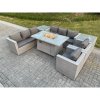 Fimous Light Grey Rattan Fire Pit Garden Furniture Set Gas Heater Burner Lounge Sofa Dining Set 2 Side Coffee Table And Chairs