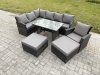 Fimous Rattan Garden Furniture Corner Sofa Set with Oblong Dining Table 2 Big Footstool Armchair Outdoor Wicker Rattan Set Dark Grey Mixed