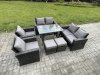 Fimous Rattan Garden Furniture Set Patio Outdoor Lounge Sofa Set with Rectangular Dining Table Double Seat Sofa 2 Small Footstools Dark Grey Mixed
